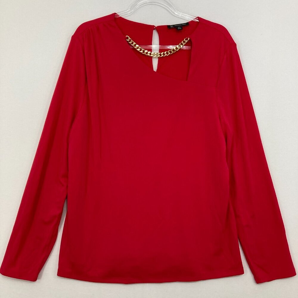 INC International Concepts size XXL Red Stretch Knit Gold Chain Blouse‎ Evening